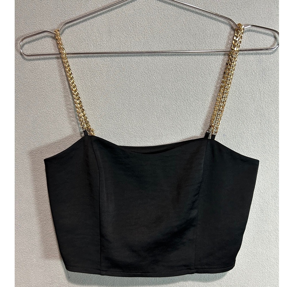 Express Crop Top Women XXS Black Gold Chain Strap‎ Side Zip Satin Finish